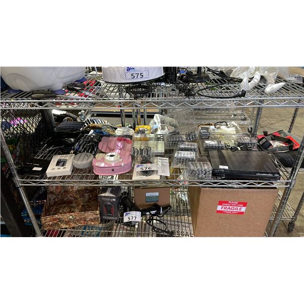 SHELF OF ASSORTED ITEMS INCLUDING; HELLO KITTY CAMERA, BATTERIES, DVD PLAYER & MORE