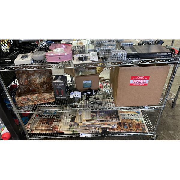 SHELF OF ASSORTED ITEMS INCLUDING; UNIVERSAL REMOTES, CHECK-G SWEET SPOT FINDER & MORE