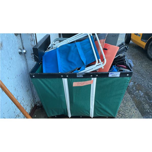 BIN OF ASSORTED ITEMS INCLUDING; LAWN CHAIRS, HOCKEY HELMET, GARBAGE PICKER & MORE