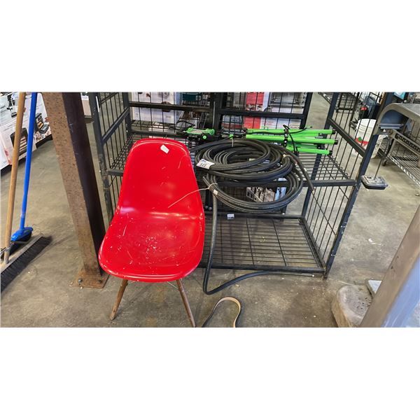 ASSORTED CABLE, TRIPOD WORK LIGHT & RED CHAIR
