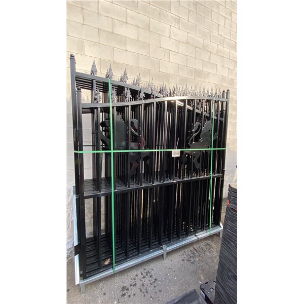 2 BLACK METAL LION MOTIF DRIVEWAY GATES 90"H X 83"L