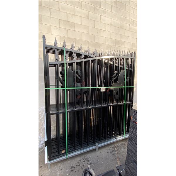 2 BLACK METAL LION MOTIF DRIVEWAY GATES 90"H X 83"L