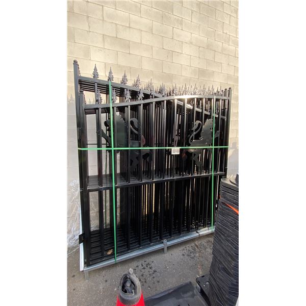 2 BLACK METAL LION MOTIF DRIVEWAY GATES 90"H X 83"L
