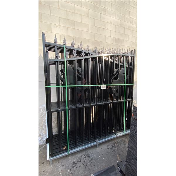 2 BLACK METAL LION MOTIF DRIVEWAY GATES 90"H X 83"L