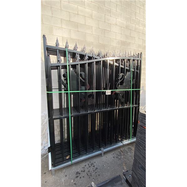 2 BLACK METAL LION MOTIF DRIVEWAY GATES 90"H X 83"L