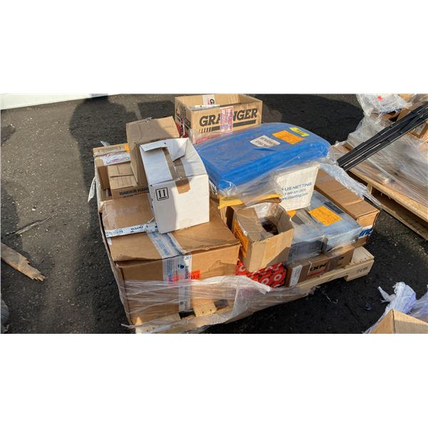 PALLET OF POLYFLOW PADS, BRACKETS, GEARBOX BREATHERS, POLY HANDLES, STEEL CABLE, URETHANE PLOW