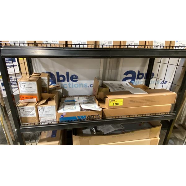 SHELF OF ZURN TRAP GUARDS, ELECTRIC WATER HEATER ELEMENTS, ZURN WALL HYDRANT INLETS & ZERN