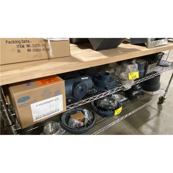 SHELF OF ASSORTED ZURN COMMERCIAL INSET FLOOR DRAINS & HEAVY DUTY PLUMBING HARDWARE