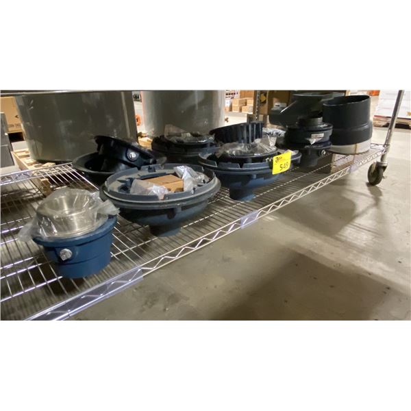SHELF OF ASSORTED ZURN COMMERCIAL INSET FLOOR DRAINS & HEAVY DUTY PLUMBING HARDWARE