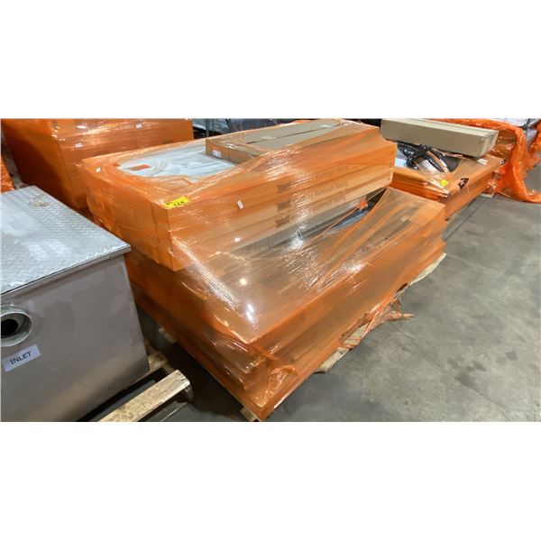 PALLET OF WESTBURY ALUMINUM RAILING PARTS & STACK OF METAL COMMERCIAL BATHROOM PARTITIONS
