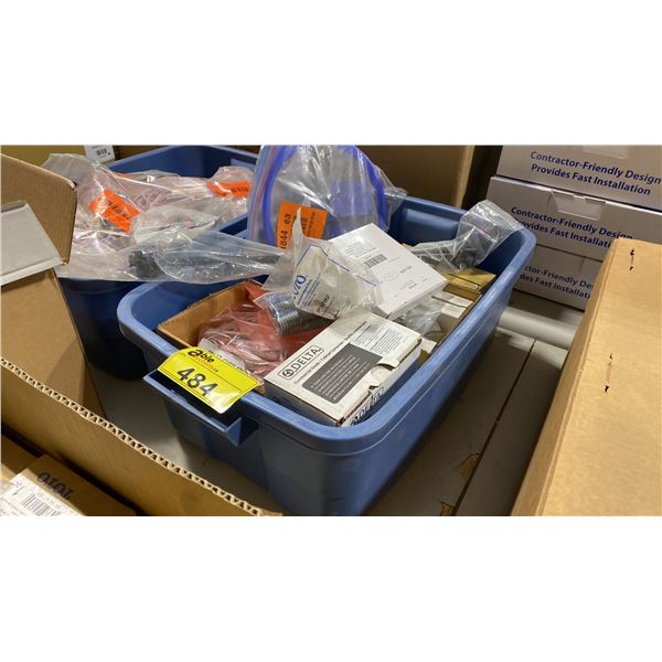 BIN OF LED MODULES, MONOPOINT ADAPTERS AND ASSORTED PLUMBING ITEMS