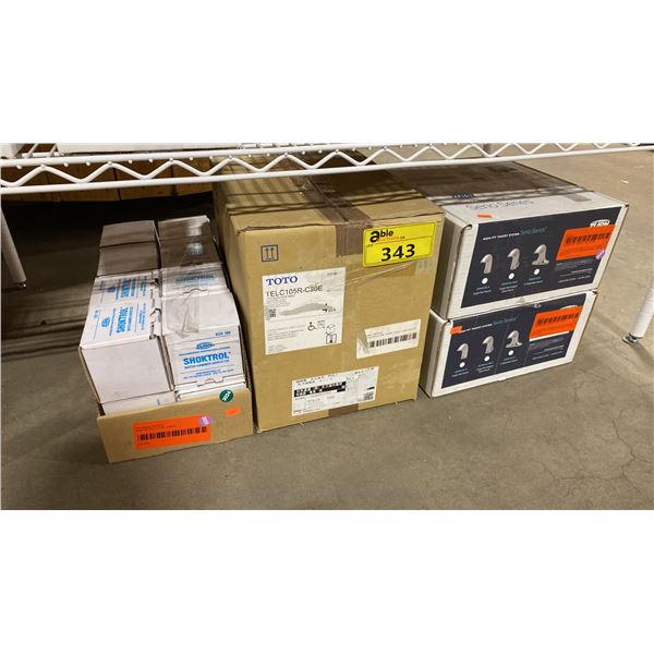 2 ZURN AQUAFIT FAUCETS, BOX OF TOTO ELECTRONIC FAUCETS AND BOX OF SHOKTROL WATER HAMMER AGGRESSORS