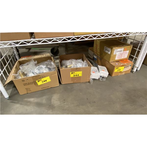 SHELF LOT OF ASSORTED PLUMBING DRAINS AND HARDWARE