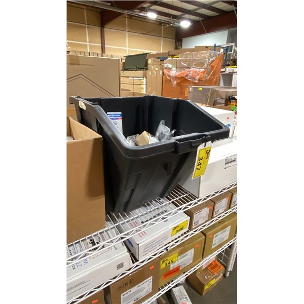 PLASTIC BIN OF ASSORTED COMMERCIAL PLUMBING PARTS & VALVES *BIN INCLUDED*