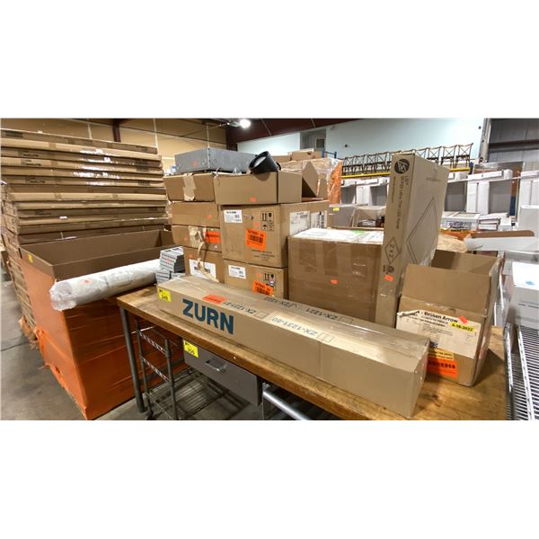 LOT OF INDUSTRIAL LIGHTING, ELECTRICAL BOXES, COMPOSITE GRIDS, ROLL OF FABRIC BACKED VINYL & ZURN
