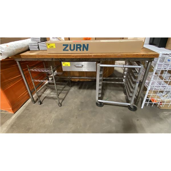 BUTCHER BLOCK TOP PREP TABLE APPROX 71"L X 30"D X 35"H WITH 2 SMALL MOBILE RESTAURANT RACKS