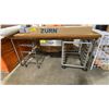 Image 1 : BUTCHER BLOCK TOP PREP TABLE APPROX 71"L X 30"D X 35"H WITH 2 SMALL MOBILE RESTAURANT RACKS
