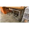 Image 2 : BUTCHER BLOCK TOP PREP TABLE APPROX 71"L X 30"D X 35"H WITH 2 SMALL MOBILE RESTAURANT RACKS