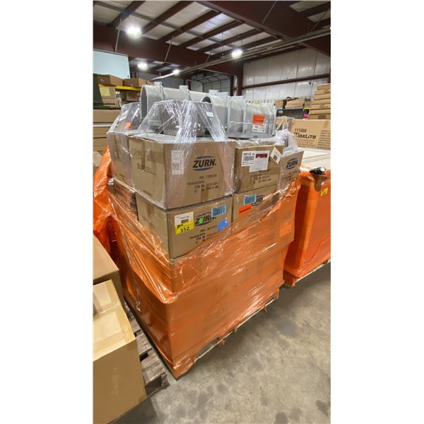 PALLET OF ZURN INSET FLOOR DRAINS, 2 PC PRESSURE ASSISTANT TOILET TANKS & COMMERCIAL TOILET BOWLS