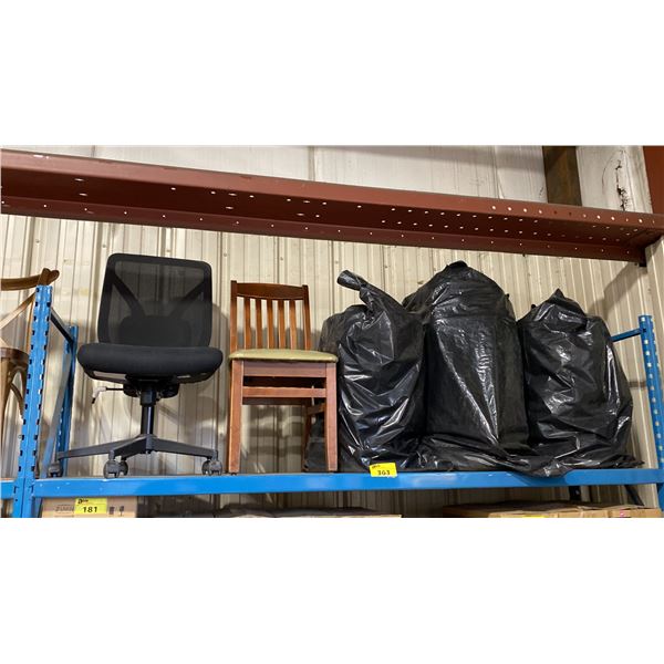 MOBILE OFFICE CHAIR, DARKWOOD SLAT BACK SIDE CHAIR & 3 BAGS OF COMMERCIAL CHAIR CUSHIONS