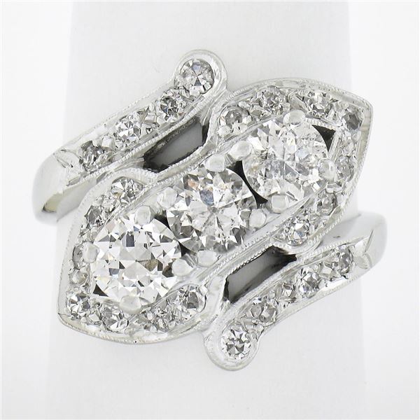 Vintage Platinum 1.95 ctw Large Old European Cut Diamond Bypass Ring w/ Accents