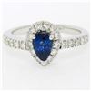 Image 1 : 14k White Gold 1.33 ctw FINE Pear Sapphire Solitaire Ring w/ Round Diamond Halo