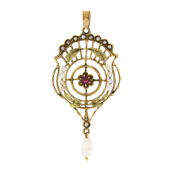 Antique Victorian 10K TT Gold Red Stone Pearl Dangle Open Work Lavalier Pendant