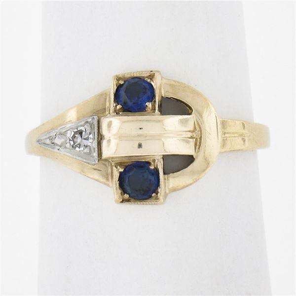 Vintage Retro 10K Gold Palladium .03 ctw Diamond & Sapphire Open Work Buckle Rin