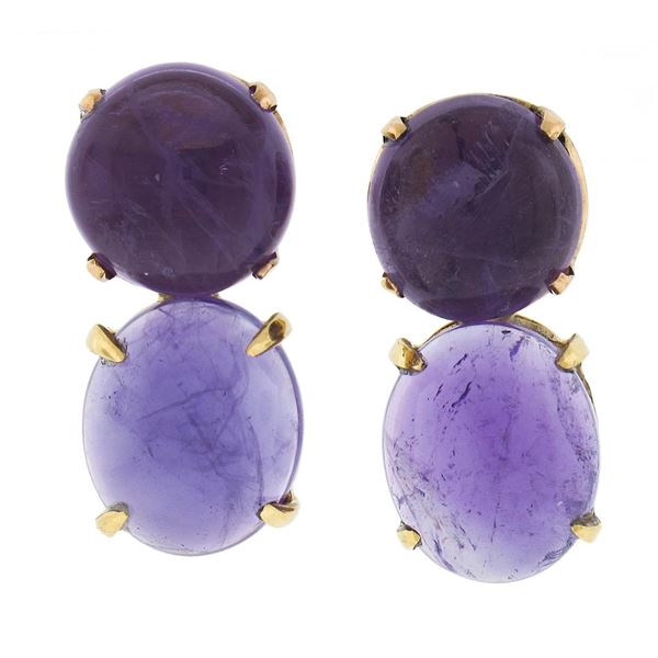 Vintage 14K Yellow Gold Round & Oval Cabochon Cut Amethyst Drop Dangle Earrings