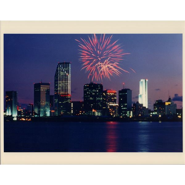 Ira Victor, Color Photograph, Miami Skyline with Fireworks, Miami, 1987
