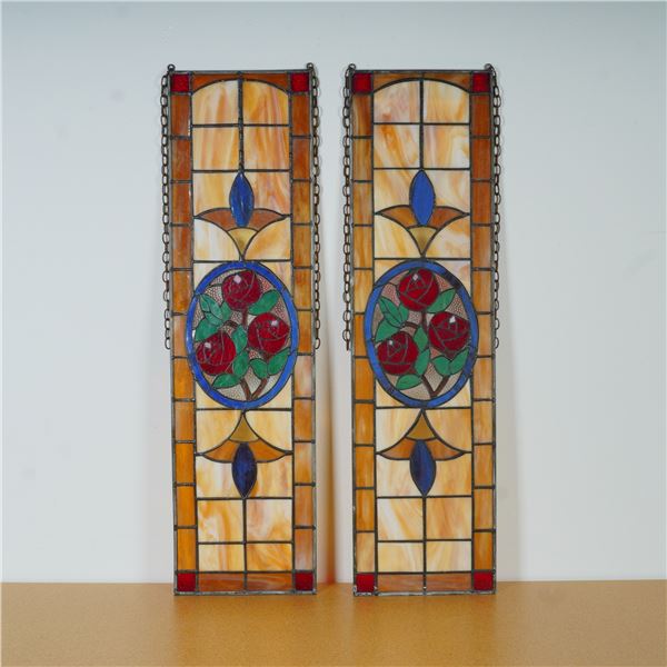 Pair of Stained Glass Rose Panels with Amber and Cobalt Accents