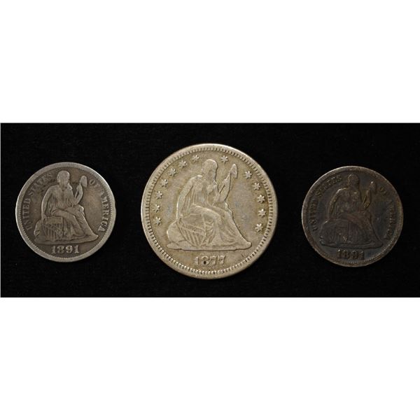 (2) 1891 SEATED DIMES & 1877 SEATED QUARTER