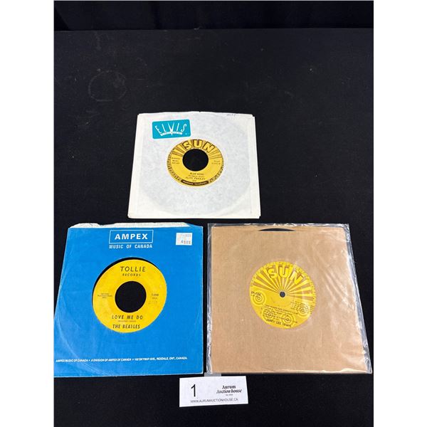 Lot of 3 Old 45 Records, Elvis Presely, The Beatles and Jerry Lee Lewis Sun Records