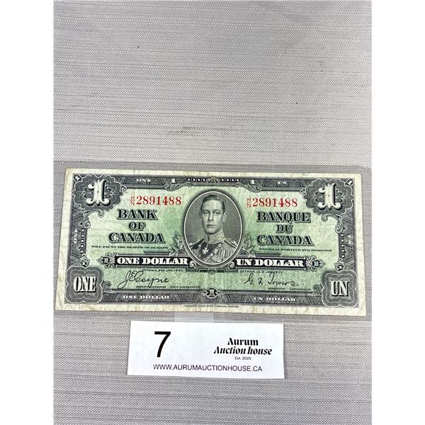1937 Bank of Canada $1 Bank Note in Holder