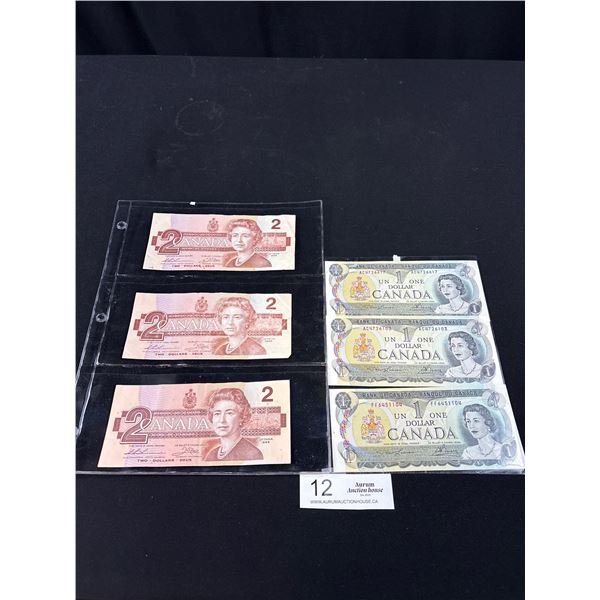 3 1973 $1 Bank Notes and 3 1986 $2 Bank Notes