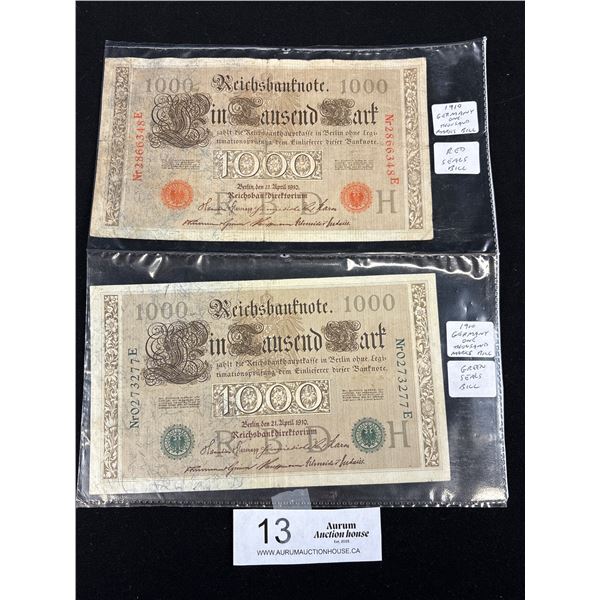 2 1910 German Bank Notes, 1 w/ Red Seal, Other w/ Green Seal