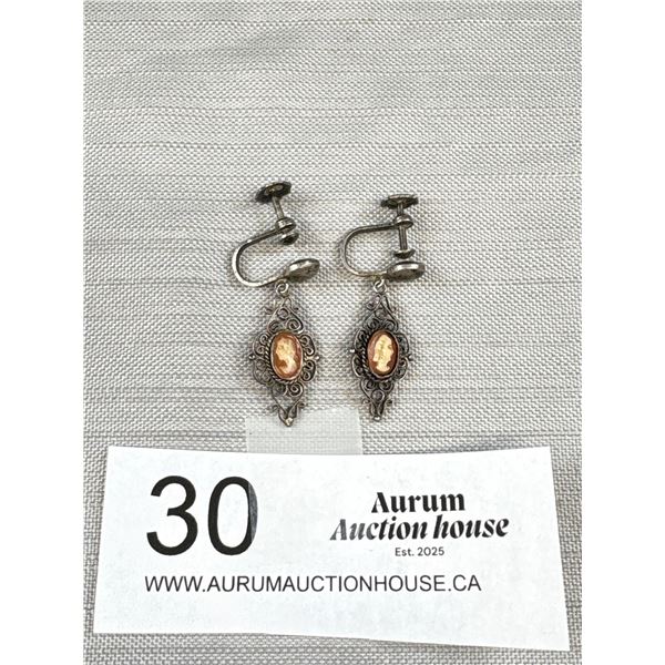 A Good Pair of Marked .800 Silver + Cameo Drop Earrings 1940's