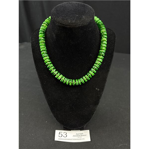 C.1960 Green Art Glass Necklace Gold Spaces Excellent!