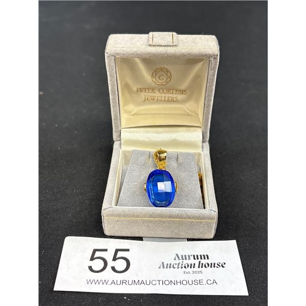 Vintage Gold Sapphire Blue Faceted Pendant Stone Necklace Quality! C.1970s