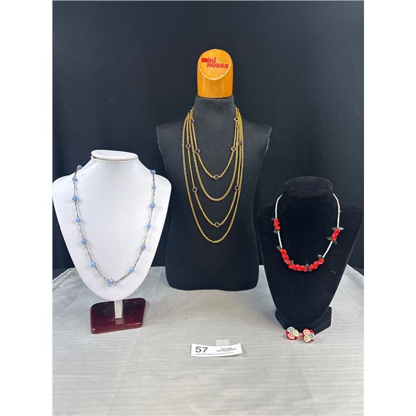 Antique Necklace Lot, Satin Glass Art Deco, Celluloid Art Deco Flower Necklaces, Vintage Gold Amethy