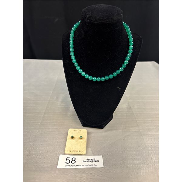 Antique Jadite Glass Bead Necklace w/ Matching Gold Emerald Earrings Very Nice!