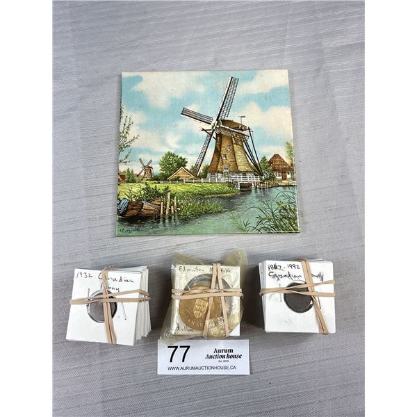 Vintage Royal Mosa Tile + 8 Various Medals and Tokens and 32 Canadian Pennies from 1932-65