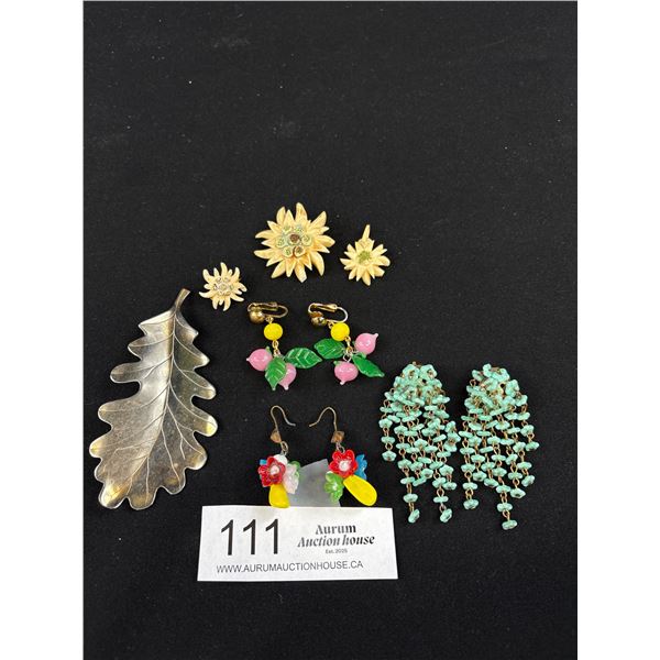 Fabulous Antique Jewelry Lot 1920s Czech Glass Earring Lot, Carved Ivory? Flower Brooch + Earring Se