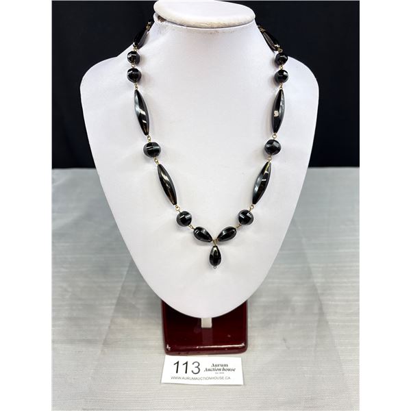 Fabulous Antique Art Deco 1920s Signed "Czechslovakia" Black Gold Glass Bead Necklace