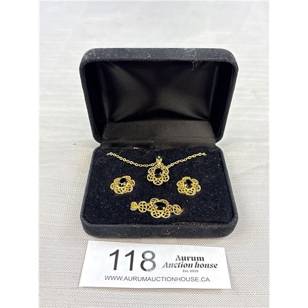 Vintage Gold Onyx Necklace, Earrings, Brooch Set Quality! Very Classy!