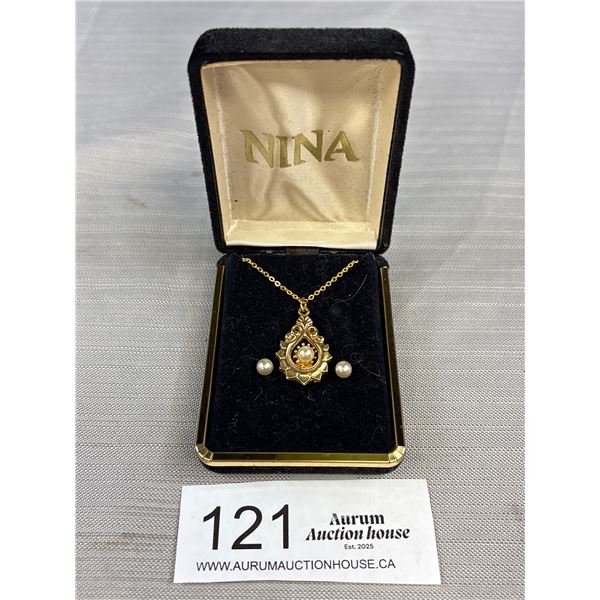 Vintage Gold Pearl Victorian Revival Necklace Earring Set, Very Nice!