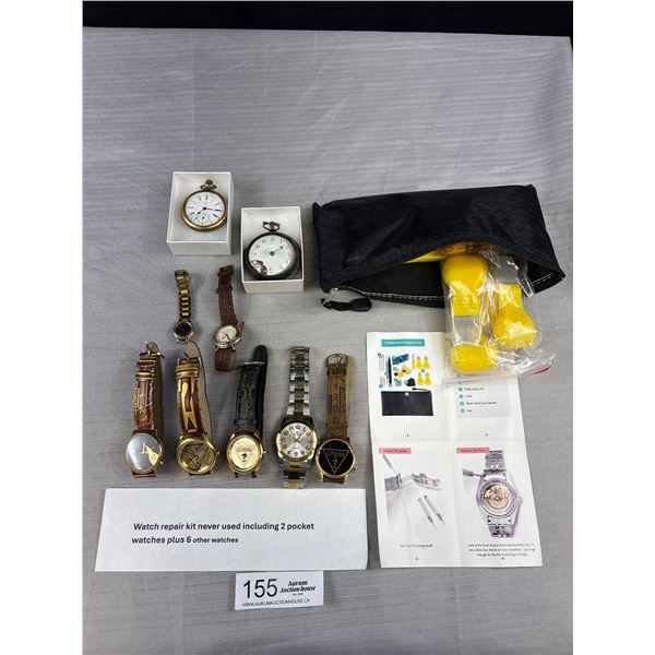 Never Used Watch Repair Kit Including 2 Pocket Watches and 6 Other Watches