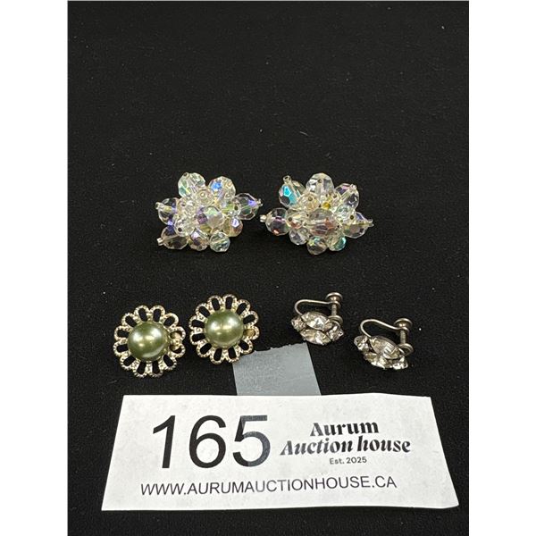 3 Pairs of Vintage Earrings (Rhinestone Pair Marked Sterling)