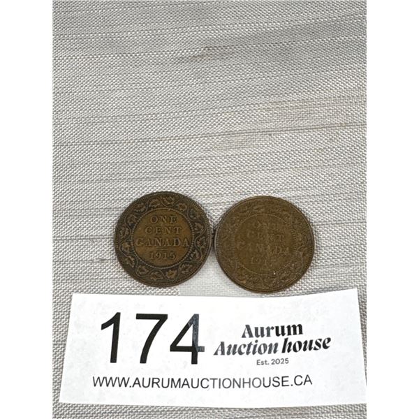 2 Early Canadian Large Cent Coins 1915 + 1917 Good Condition