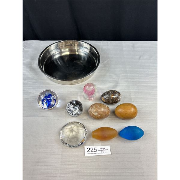 Tray of Vintage Stone and Glass Orbs, Eggs and Paperweights